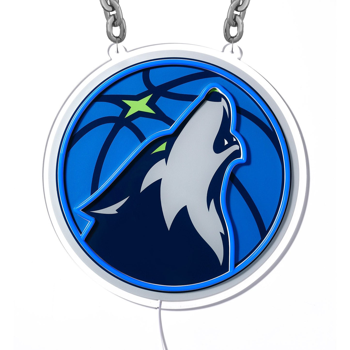 This personalized led sign of the Minnesota Timberwolves' logo is perfect for wearing as a badge. The iconic howling wolf, set against a glowing blue basketball, is enhanced by custom led signs technology, ensuring it shines brightly. The design is customisable, allowing fans to add their name or favorite number. This personalized led sign is a unique way to show team spirit and stand out at games or events.