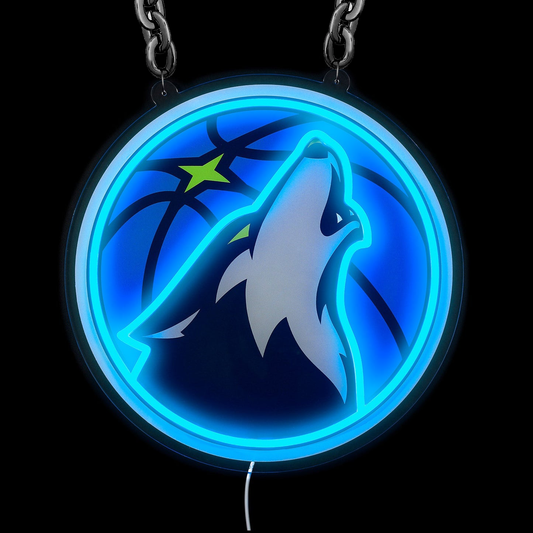 The Minnesota Timberwolves' glowing team logo, as a custom fluorescent sign, showcases a vibrant and electrifying design. The centerpiece features a howling wolf's head with radiant green eyes, set against a luminous blue basketball. The custom design neon signs aspect is evident in the bright green star nestled within the ball's seams and the bold white lettering encircling it, spelling out "MINNESOTA TIMBERWOLVES."