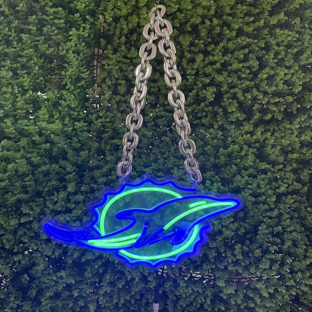 The customized neon necklace with the logo of the NFL Miami Dolphins team is made by neonfanscrafts. It can also meet these needs: a personalized LED sign, custom LED signs, customizable signs, a sign with LED lights, and an LED sign.